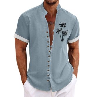Generic Mens Linen Shirts - Mens Grandad Shirt Casual Short Sleeve Summer Hippie Shirts Loose Fit Yoga Tops for Men Grandad Collar Lightweight Beach Work Shir