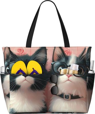 Generic Cute Cat Print Large Beach Bag Foldable Travel Shoulder Tote Bag With Pocket For Weekender Pool Vacation