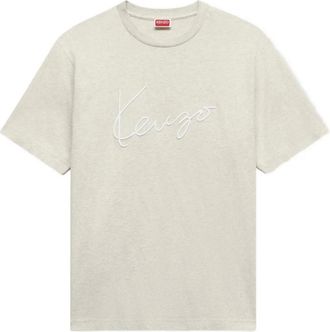 Kenzo Tops, Heren, Grijs, M, Katoen, Geborduurd Signature Logo T-shirt