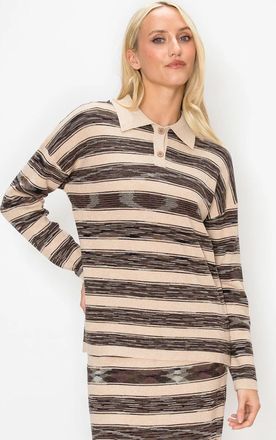 YAL New York Collared Stripe Knit Top in Beige and Brown