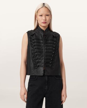 AllSaints Leather Rummy Leather Gilet, Size: UK 14/US 10