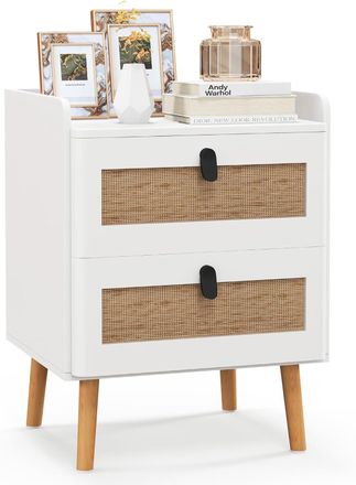 Costway Costway - Mesitas De Noche, Mesillas De Noche Dormitorio Con 2 Cajones De Rat&aacute;, Mesita De Noche Con Acabado Blanco Y Patas De Madera, Mesillas De Noch