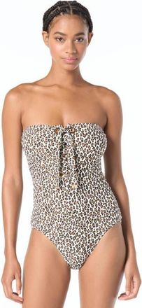 Michael Kors Small Leopard Bandeau Lace Up One-Piece Swimsuit in White Mlti at Nordstrom, Size 10