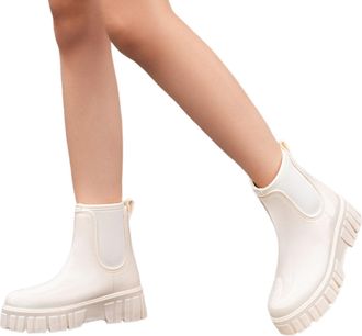 Generic 2026 Ladies Boots for Women, PVC Rubber Garden On Ankle Winter Block Heel Leather Rainy Days City Walking Women Chelsea Waterproof Non Slip (33) White