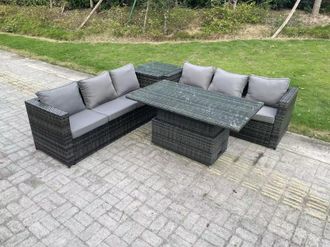 Fimous 6 Seater Rattan Sofa Set Adjustable Lifting Dining Table Side Tea Coffee Table in Dark Grey
