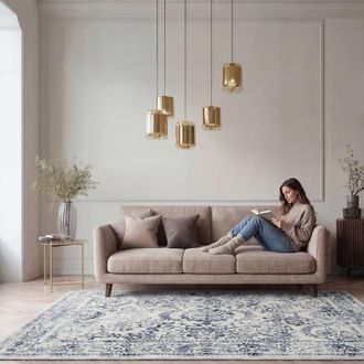 Kukoon Blue Beige Floral Living Room Area Rug Distressed Hallway Runner | Size: 240 cm x 330 cm