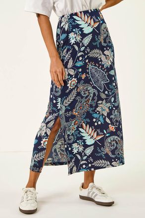 Roman Paisley Print Stretch Midi Skirt