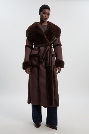Karen Millen Faux Shearling Belted Maxi Coat in Chocolate at Nordstrom, Size 12