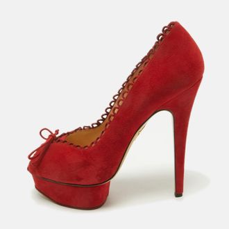 Charlotte Olympia Red Suede Daphne Scalloped Trim Peep Toe Platform Pumps