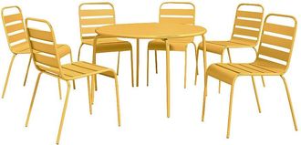 Vente-Unique Comedor de jard&iacute;n de metal - Mesa redonda D.130cm y 6 sillas apilables - Amarillo mostaza - MIRMANDE de MYLIA