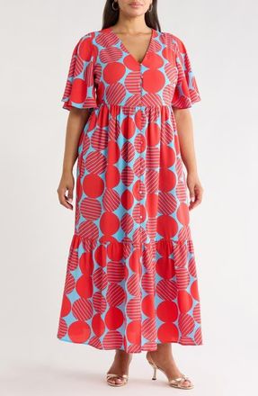 Sugarlips Print Ruffle Hem Maxi Dress in Blue-Red at Nordstrom, Size 2X