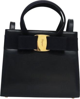 Ferragamo Convertible Vara Bow Tote Leather Navy Leather Handbag (Pre-Owned)