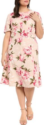 London Times Floral Tab Waist Midi Dress in Sand/Rose at Nordstrom Rack, Size 14W