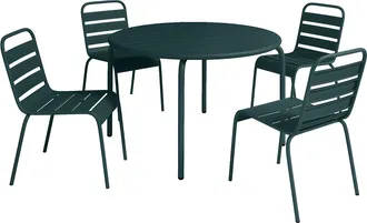 Vente-Unique Comedor de jard&iacute;n de metal - una mesa D.110cm y 4 sillas apilables - Verde abeto - MIRMANDE de MYLIA