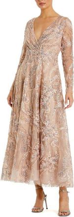 Mac Duggal Womens Floral Embroidered V-Neck Long Sleeve Midi Dress in Champagne at Nordstrom, Size 20