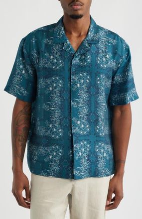 Open Edit Floral Print Short Sleeve Button-Up Shirt in Teal Framed Floral at Nordstrom, Size Xx-Large