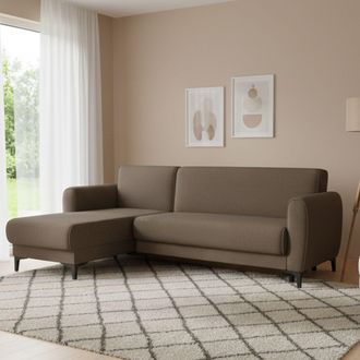 Dmora Sof&aacute; Cama Dabazo, Sof&aacute; Cama Rinc&oacute;n Con Pen&iacute;nsula Reversible, Sof&aacute; Contenedor Moderno Con Chaise Longue Y 3 Cojines, 230x153h85 Cm, Marr&oacute;n - Dmora