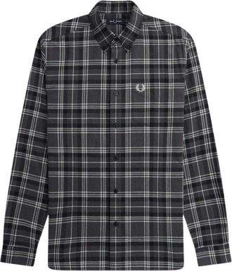 Fred Perry Heren-Tartan Geborsteld Twill Overhemd met Lange Mouwen (Zwart/Wit/Donkergrijs)