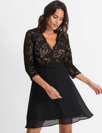 Bonprix Midikleid BONPRIX, Damen, Gr. 32/34 (XS), N-Gr, schwarz, natur, Obermaterial: 100% Polyester. Futter: 100% Polyester. Spitze: 95% Polyester, 5% Elasth