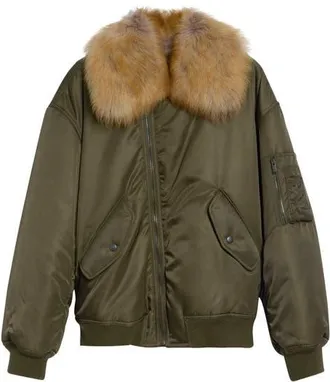 Saint Laurent Bomber Jacket with Genuine Shearling Collar in Kaki/chamois/gris/orange at Nordstrom, Size 40