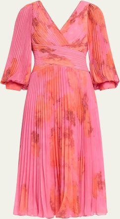 Teri Jon Pleated Abstract-Print Chiffon Midi Dress