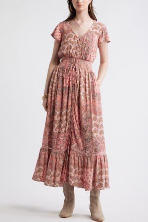 Treasure & Bond Print Smocked Waist Ruffle Hem Maxi Dress in Pink- Olive Patchwork Paisley at Nordstrom, Size Xx-Small