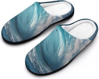 Generic Huge Wave Ocean Sea Mens Warm Slippers Non-Slip Sole Winter Rubber Cotton Shoes for Bedroom