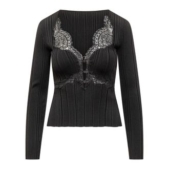 Self Portrait Blouses, female, Black, Size: L Lace-trimmed Ribbed Knit Top