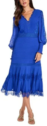 Tadashi Shoji Lace Pintuck Long Sleeve Cocktail Dress in Electric Blue at Nordstrom, Size 10