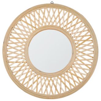 Beliani Beliani - Espejo De Pared Madera Clara Redondo 60 Cm Marco Hecho A Mano Bamb&uacute; Blanco Geom&eacute;trico Diamante Boho R&uacute;stico Bacata