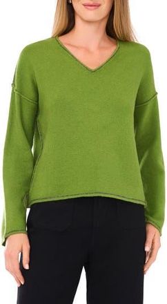 Vince Camuto Contrast Detail V-Neck Sweater in Salted Lime Cozy at Nordstrom Rack, Size Small