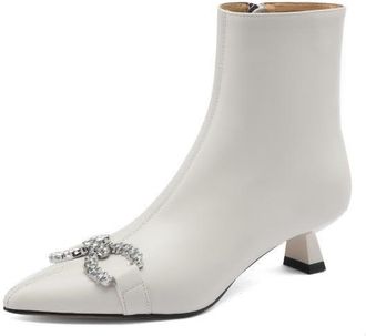 TinaCus Womens Handmade Genuine Leather Pointy Rhinestone Kitten Heel Side Zipper Ankle Boots, Off-white, 7 UK