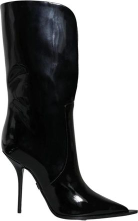 Dolce & Gabbana Logo Detail Mid Calf Leren Laarzen - Dames - Laarzen met Hak - Zwart - 37 EU - Katoen - Schoenen
