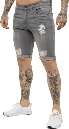 Enzo Jeans EZS383 Jeans Mens Denim Shorts Skinny Fit Distressed Ripped Half Pants Grey 34