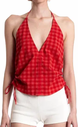 Thinking Mu Checks Seersucker Hiba Top In Red