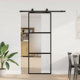 vidaXL Puerta Corredera Con Herrajes Negro 76x205 Cm Vidrio Templado Vidaxl