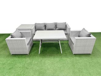 Fimous Outdoor PE Rattan Sofa Armchair Set with Side Table 6 Pieces in Light Grey