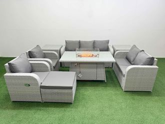 Fimous PE Rattan Garden Furniture Set Reclining Chair Sofa Double Love Seat 2 Seater Sofa Lounge Set Firepit Dining Table Big Footstool 2 Side Table