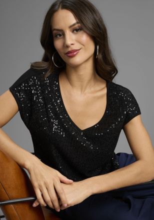 Laura Scott T-Shirt LAURA SCOTT, Damen, Gr. 34, schwarz, Jersey, Obermaterial: 95% Viskose, 5% Elasthan. Einsatz: 95% Polyester, 5% Elasthan, gl&auml;nzend, unifarben,