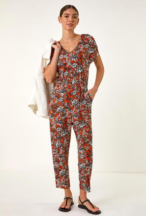 Roman Floral Print V-Neck Stretch Jumpsuit
