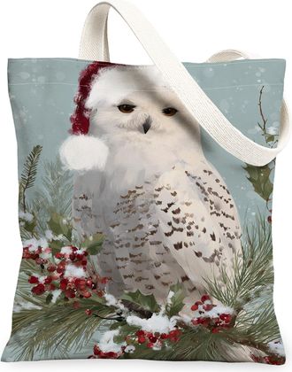 Generic Owl Canvas Tote Bags, Cute Snowy Owl Pattern Reusable Shopping Bags, Festive Nature Lightweight Washable Shoulder Strap Canvas for Gym Travel Beach Pi