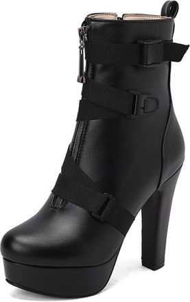 Generic Womens Multi Strap Buckle Ankle Boots PU Leather Round Toe High Block Heels Platform Zip Closure Pull Tab Stylish Durable Design,Black,9.5 UK