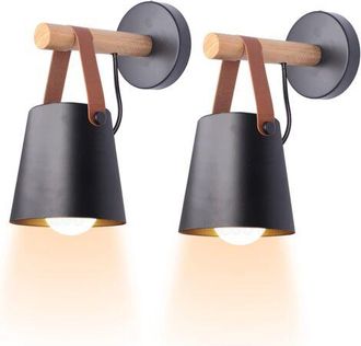 OEM Juego De 2 Apliques De Pared Minimalistas De Estilo Vintage Para Interiores, Modernos Apliques E27 Con Pantallas De Metal Y Bases De Madera Para Dormi