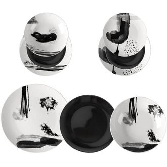 Trade Shop TrAdE Shop Traesio - Set Servizio Di Piatti Da Tavola In Porcellana Da 18pz Design Moderno Finiture Bianco Nero