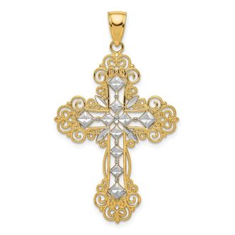 Diamond2Deal 10k Yellow Gold Rhodium Polished & Textured Diamond Pattern Cross Pendant