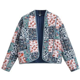 Generic Quilted Jacket Womens WomenS Cropped Puffer Quilted Jacket Lightweight Floral Print Short Padded Coat Open Front Quilted Jacket Vintage Ethnic Style Q