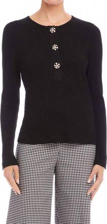 Karen Kane Long Sleeve Ribbed Flower Button Detail Top In Black