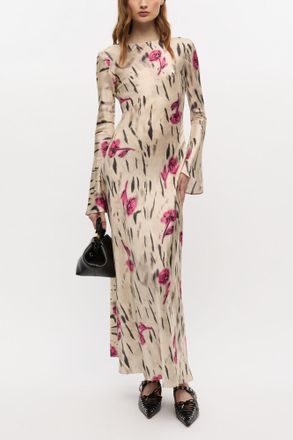 Ganni White Floral Satin Maxi Dress - Size 32 Viscose
