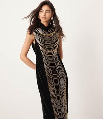 Asos Vestito midi accollato nero in velluto decorato con frange drappeggiate