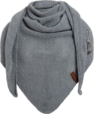 Knit Factory Coco Knitted Shawl - Triangle Scarf Women - Med Grey - Knitted winter scarf - 190x85 cm - Manufactured in Europe - Ladies scarf - Including decorative